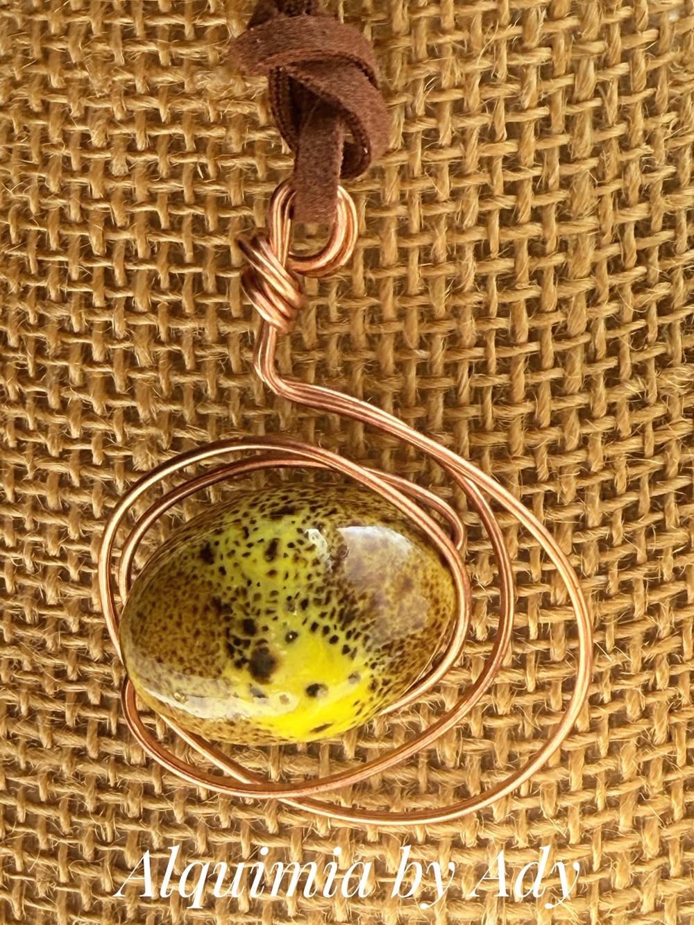 Brown suede Copper Wire Necklace with Yellow and Brown Speckled Stone